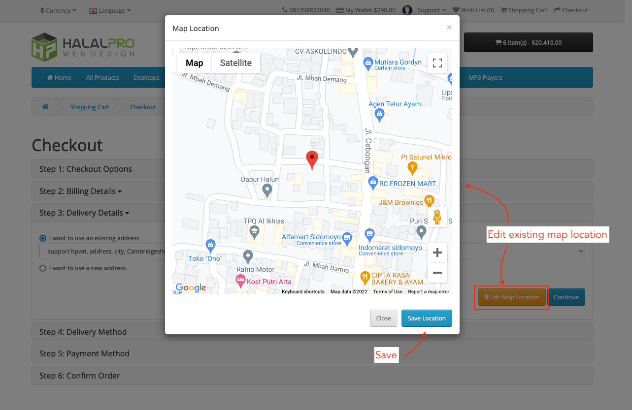 customer can edit their map location during checkout opencart
